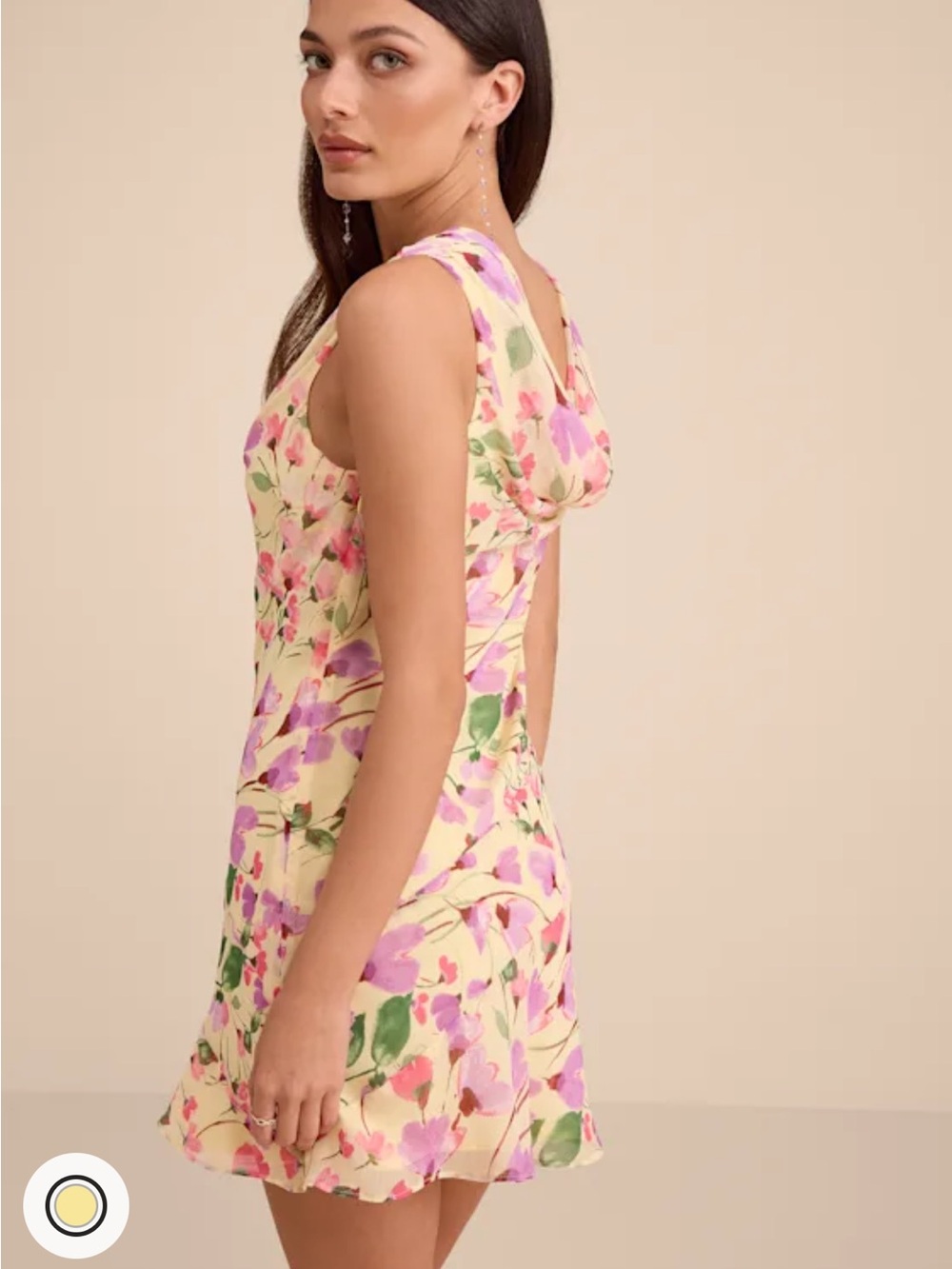 Lulu's Yellow Floral Mini Dress with Pink & Green Blooms